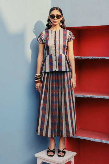 Buy_ZiP by Payal & Zinal_Blue Cotton Round Neck Slate Stories Striped Top And Skirt Set _Online_at_Aza_Fashions
