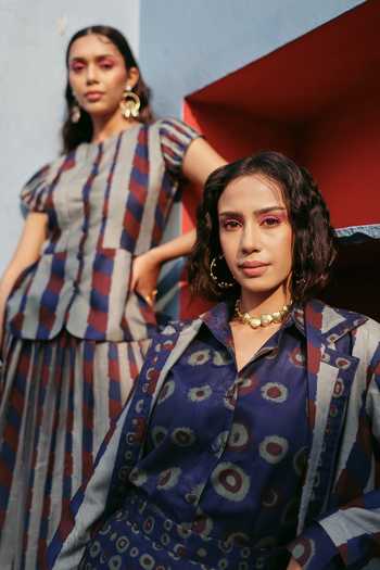 Shop_ZiP by Payal & Zinal_Blue Cotton Round Neck Slate Stories Striped Top And Skirt Set 