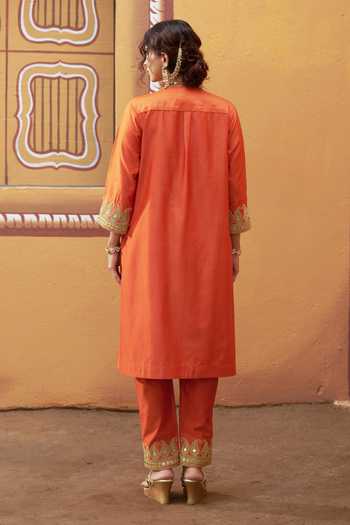 Shop_Thetaa_Orange Silk, Cotton Embroidery, Zari, Mirrors V-neck, Cutdana Hand Kurta Set _at_Aza_Fashions