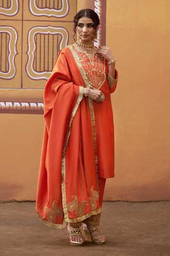 Thetaa_Orange Silk, Cotton Embroidery, Zari, Mirrors V-neck, Cutdana Hand Kurta Set _Online_at_Aza_Fashions