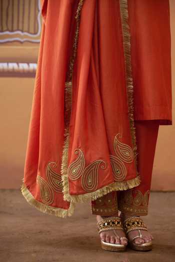 Shop_Thetaa_Orange Silk, Cotton Embroidery, Zari, Mirrors V-neck, Cutdana Hand Kurta Set _Online_at_Aza_Fashions