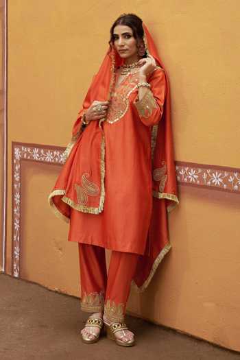 Shop_Thetaa_Orange Silk, Cotton Embroidery, Zari, Mirrors V-neck, Cutdana Hand Kurta Set 