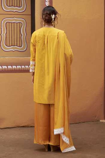 Shop_Thetaa_Yellow Cotton, Satin, Chanderi Silk Embroidery Lotus Thread Work Kurta Set _at_Aza_Fashions