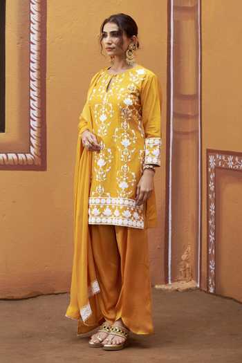 Thetaa_Yellow Cotton, Satin, Chanderi Silk Embroidery Lotus Thread Work Kurta Set _Online_at_Aza_Fashions