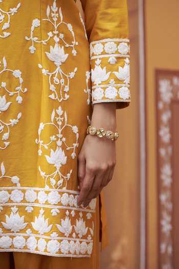 Shop_Thetaa_Yellow Cotton, Satin, Chanderi Silk Embroidery Lotus Thread Work Kurta Set 