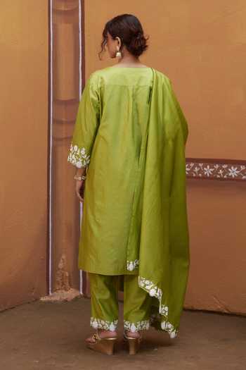 Shop_Thetaa_Green Cotton, Chanderi Silk Embroidery, Cut Work Split Dori Hand Kurta Set _at_Aza_Fashions
