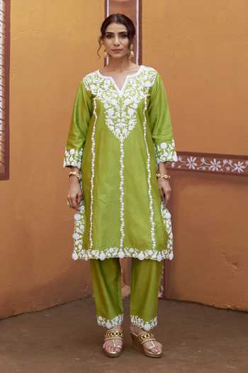 Thetaa_Green Cotton, Chanderi Silk Embroidery, Cut Work Split Dori Hand Kurta Set _Online_at_Aza_Fashions