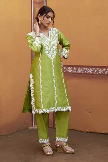 Buy_Thetaa_Green Cotton, Chanderi Silk Embroidery, Cut Work Split Dori Hand Kurta Set _Online_at_Aza_Fashions