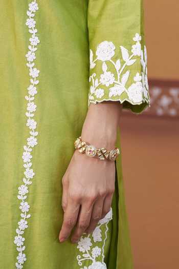 Shop_Thetaa_Green Cotton, Chanderi Silk Embroidery, Cut Work Split Dori Hand Kurta Set _Online_at_Aza_Fashions
