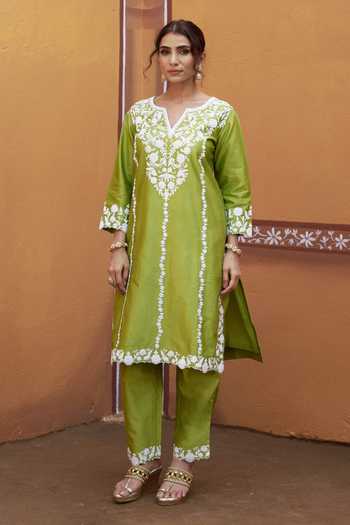 Thetaa_Green Cotton, Chanderi Silk Embroidery, Cut Work Split Dori Hand Kurta Set _at_Aza_Fashions