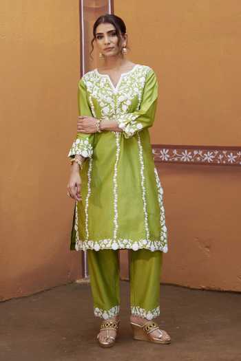 Buy_Thetaa_Green Cotton, Chanderi Silk Embroidery, Cut Work Split Dori Hand Kurta Set 