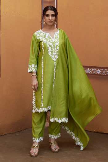 Buy_Thetaa_Green Cotton, Chanderi Silk Embroidery, Cut Work Split Dori Hand Kurta Set _at_Aza_Fashions