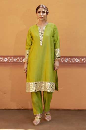 Thetaa_Green Chanderi Silk, Cotton Embroidery, Zari, Mirrors Split Hand Kurta Set _Online_at_Aza_Fashions