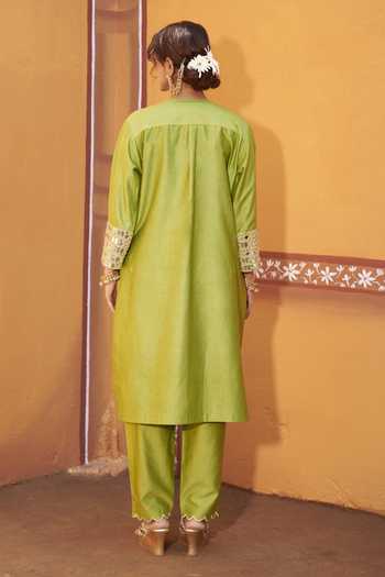Shop_Thetaa_Green Chanderi Silk, Cotton Embroidery, Zari, Mirrors Split Hand Kurta Set _at_Aza_Fashions