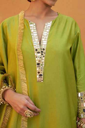 Shop_Thetaa_Green Chanderi Silk, Cotton Embroidery, Zari, Mirrors Split Hand Kurta Set _Online_at_Aza_Fashions