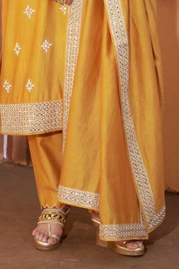 Thetaa_Yellow Cotton, Chanderi Silk Embroidery, Mirrors, Cut Work Hand Kurta Set _Online_at_Aza_Fashions