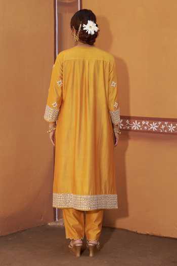 Shop_Thetaa_Yellow Cotton, Chanderi Silk Embroidery, Mirrors, Cut Work Hand Kurta Set _at_Aza_Fashions