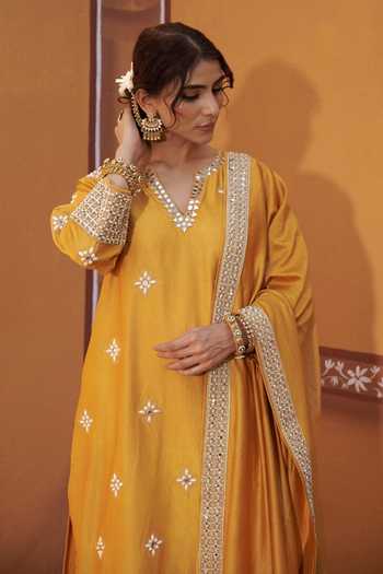 Buy_Thetaa_Yellow Cotton, Chanderi Silk Embroidery, Mirrors, Cut Work Hand Kurta Set _Online_at_Aza_Fashions