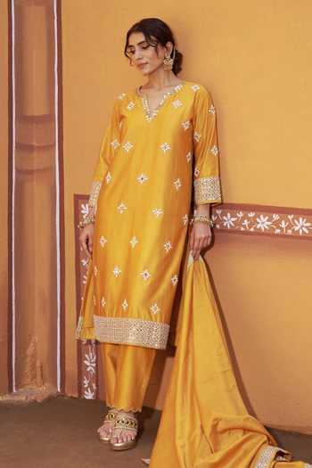 Shop_Thetaa_Yellow Cotton, Chanderi Silk Embroidery, Mirrors, Cut Work Hand Kurta Set _Online_at_Aza_Fashions