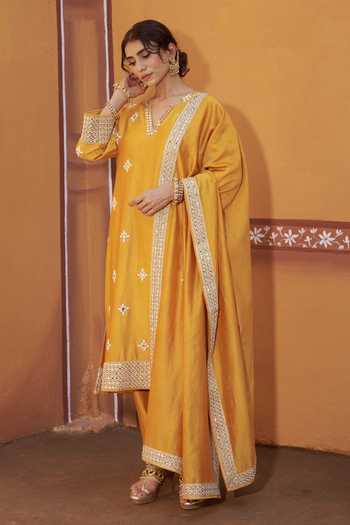 Thetaa_Yellow Cotton, Chanderi Silk Embroidery, Mirrors, Cut Work Hand Kurta Set _at_Aza_Fashions