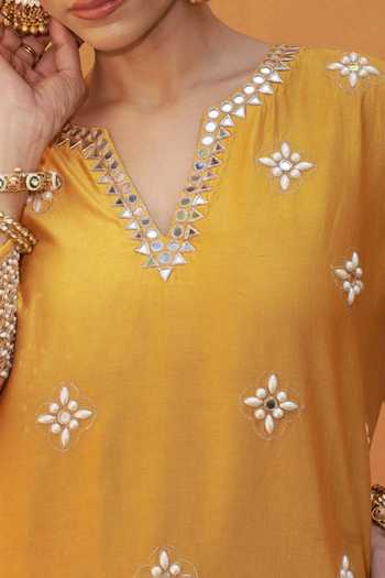Shop_Thetaa_Yellow Cotton, Chanderi Silk Embroidery, Mirrors, Cut Work Hand Kurta Set 