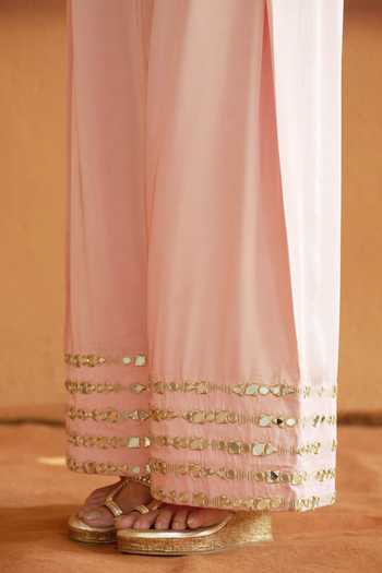 Thetaa_Peach Silk, Cotton, Organza, Satin Embroidery, Zari, Mirrors Short Kurta Set _Online_at_Aza_Fashions