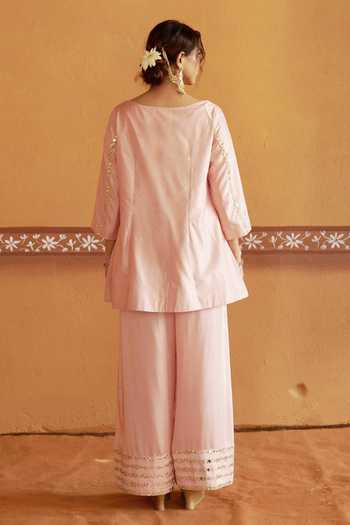 Shop_Thetaa_Peach Silk, Cotton, Organza, Satin Embroidery, Zari, Mirrors Short Kurta Set _at_Aza_Fashions