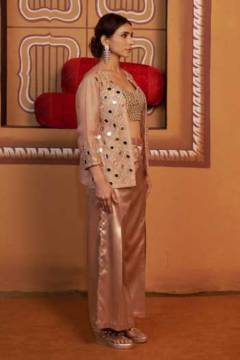 Shop_Thetaa_Gold Silk, Organza, Polyester, Satin Embroidery, Hand Work Cape And Pant Set _Online_at_Aza_Fashions