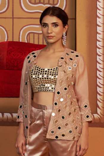 Thetaa_Gold Silk, Organza, Polyester, Satin Embroidery, Hand Work Cape And Pant Set _at_Aza_Fashions