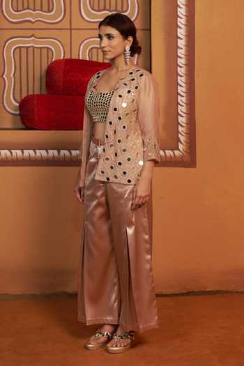 Buy_Thetaa_Gold Silk, Organza, Polyester, Satin Embroidery, Hand Work Cape And Pant Set 