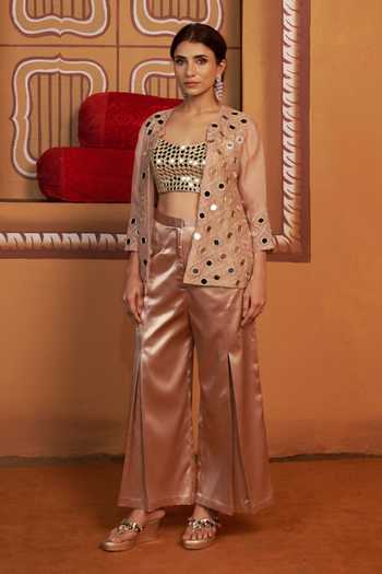 Buy_Thetaa_Gold Silk, Organza, Polyester, Satin Embroidery, Hand Work Cape And Pant Set _at_Aza_Fashions