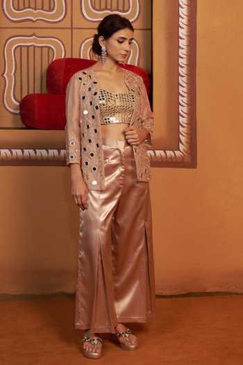 Shop_Thetaa_Gold Silk, Organza, Polyester, Satin Embroidery, Hand Work Cape And Pant Set 