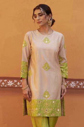 Thetaa_Beige Cotton, Chanderi Silk Embroidery, Zari, Hand Kurta And Tulip Pant Set _Online_at_Aza_Fashions