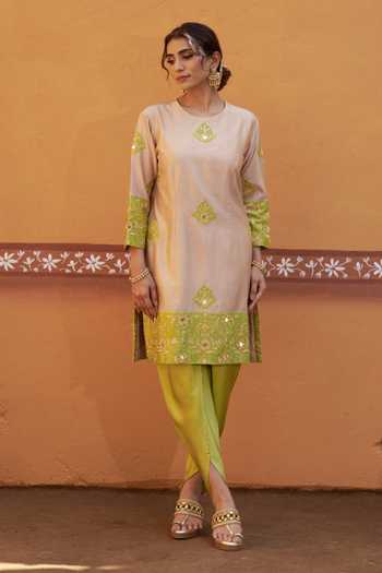 Buy_Thetaa_Beige Cotton, Chanderi Silk Embroidery, Zari, Hand Kurta And Tulip Pant Set _Online_at_Aza_Fashions