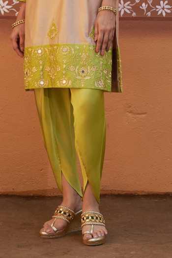 Shop_Thetaa_Beige Cotton, Chanderi Silk Embroidery, Zari, Hand Kurta And Tulip Pant Set _Online_at_Aza_Fashions