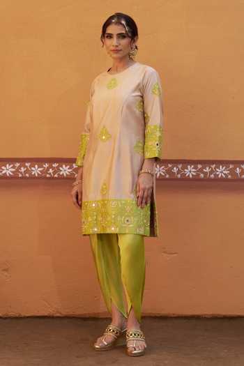 Thetaa_Beige Cotton, Chanderi Silk Embroidery, Zari, Hand Kurta And Tulip Pant Set _at_Aza_Fashions