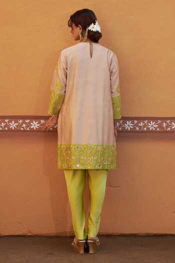 Shop_Thetaa_Beige Cotton, Chanderi Silk Embroidery, Zari, Hand Kurta And Tulip Pant Set _at_Aza_Fashions