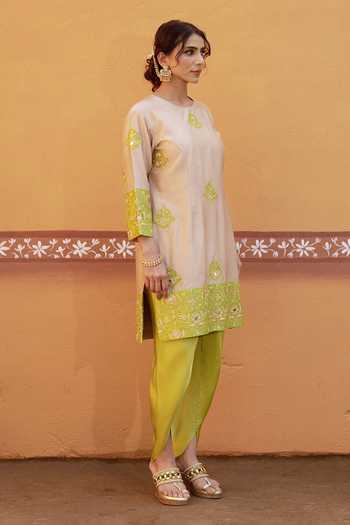Buy_Thetaa_Beige Cotton, Chanderi Silk Embroidery, Zari, Hand Kurta And Tulip Pant Set 