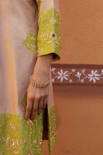 Shop_Thetaa_Beige Cotton, Chanderi Silk Embroidery, Zari, Hand Kurta And Tulip Pant Set 