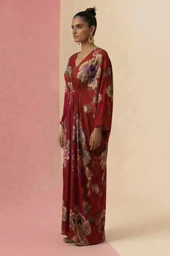 Kalista_Red Crepe, Viscose V-neck Ilika Printed Kaftan _Online_at_Aza_Fashions