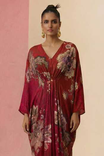 Buy_Kalista_Red Crepe, Viscose V-neck Ilika Printed Kaftan _Online_at_Aza_Fashions