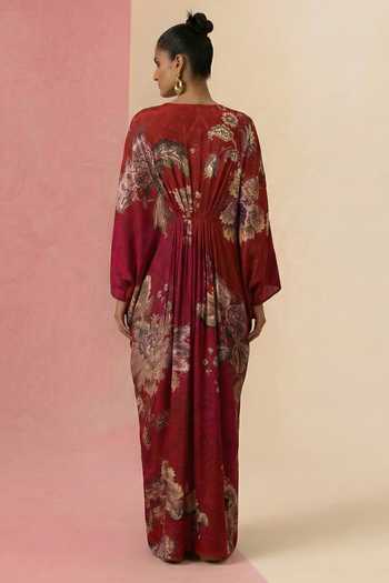 Shop_Kalista_Red Crepe, Viscose V-neck Ilika Printed Kaftan _at_Aza_Fashions
