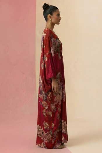 Shop_Kalista_Red Crepe, Viscose V-neck Ilika Printed Kaftan _Online_at_Aza_Fashions