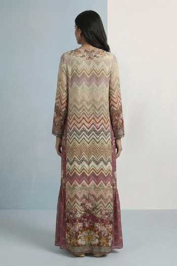 Shop_Kalista_Multi Color Crepe, Viscose V-neck Iena Chevron Print Maxi Dress _at_Aza_Fashions
