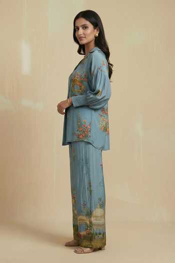 Kalista_Aqua Crepe, Viscose V-neck Floral Pattern Top And Pant Set _Online_at_Aza_Fashions