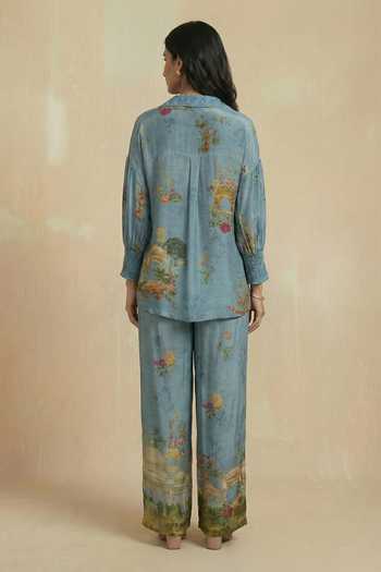 Shop_Kalista_Aqua Crepe, Viscose V-neck Floral Pattern Top And Pant Set _at_Aza_Fashions