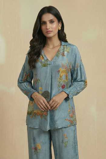 Buy_Kalista_Aqua Crepe, Viscose V-neck Floral Pattern Top And Pant Set _Online_at_Aza_Fashions