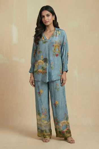 Buy_Kalista_Aqua Crepe, Viscose V-neck Floral Pattern Top And Pant Set _at_Aza_Fashions