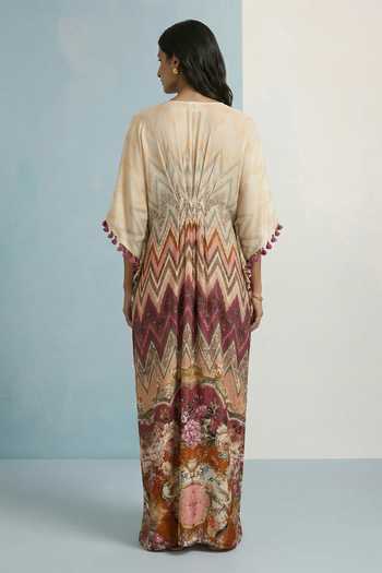 Shop_Kalista_Multi Color Viscose, Crepe V-neck Syma Printed Kaftan _at_Aza_Fashions