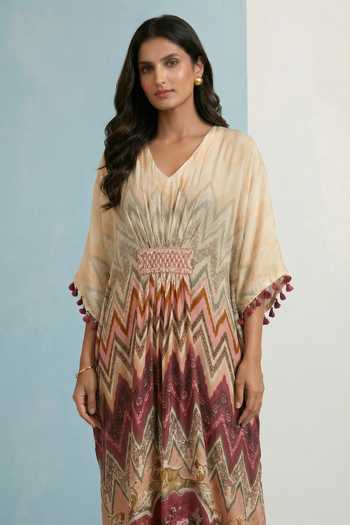 Kalista_Multi Color Viscose, Crepe V-neck Syma Printed Kaftan _Online_at_Aza_Fashions